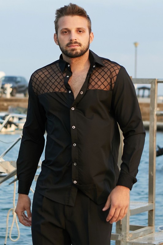 RICKY BLACK SHIRT WITH MESH DETAIL
